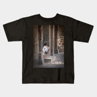 Indian Boy in White Sitting on Temple Steps Kids T-Shirt